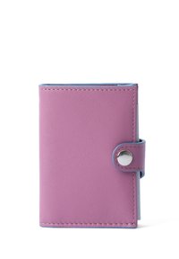 Pink leather wallet with rounded corners, snap button closure, contrasting blue interior, and visible stitching details. Compact and rectangular shape.