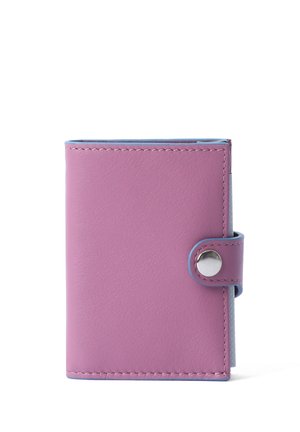 Pink leather wallet with rounded corners, snap button closure, contrasting blue interior, and visible stitching details. Compact and rectangular shape.