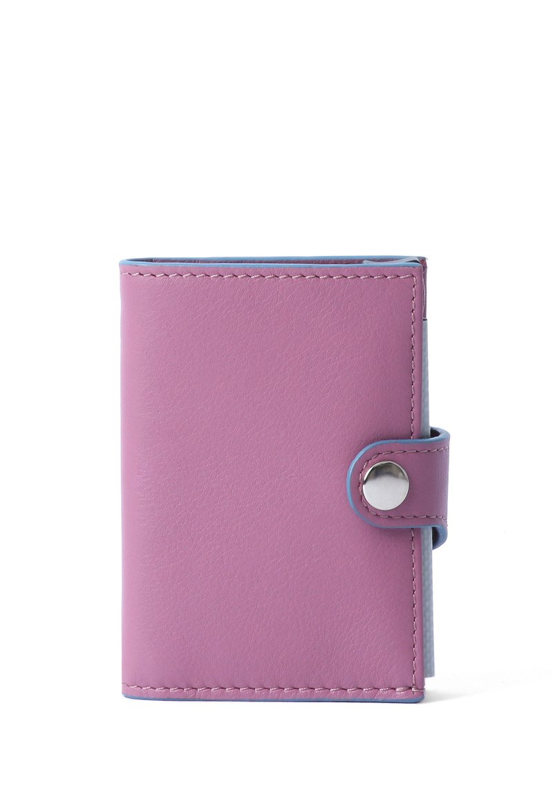 Pink leather wallet with rounded corners, snap button closure, contrasting blue interior, and visible stitching details. Compact and rectangular shape.