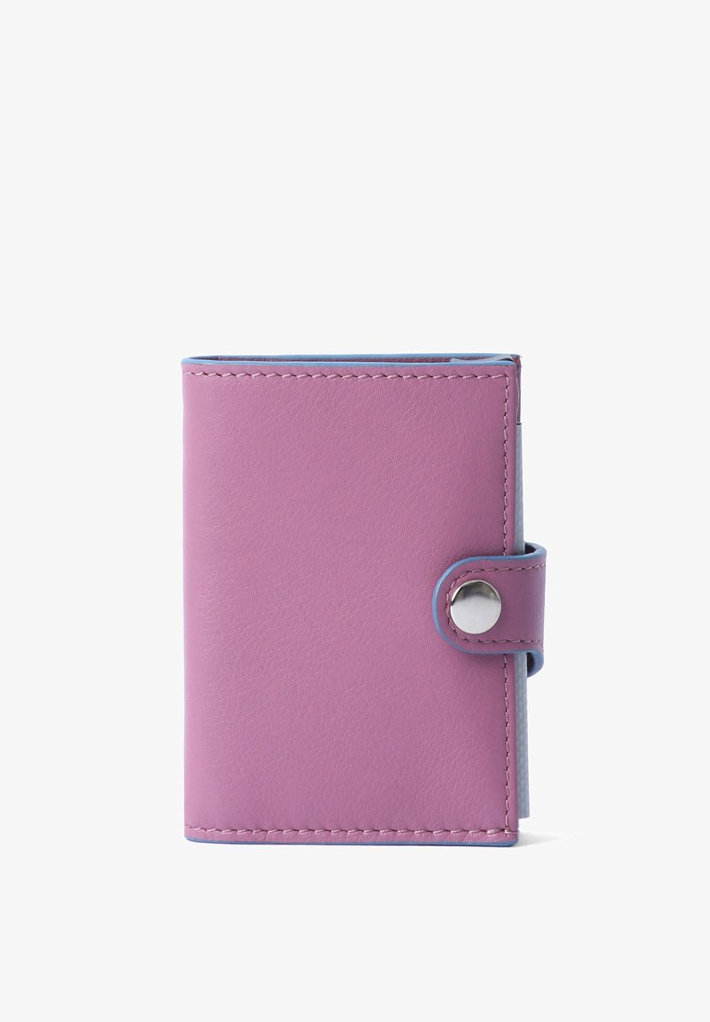 Pink leather wallet with rounded corners, snap button closure, contrasting blue interior, and visible stitching details. Compact and rectangular shape.