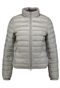 Hellgraue Pufferjacke mit einem hohen Kragen, horizontalen Nähten und einem Reißverschluss auf der Vorderseite. Verfügt über seitliche Taschen und elastische Bündchen.