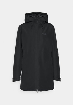 Black hooded jacket made of smooth, water-resistant material with a zip closure, elastic cuffs, and a subtle logo on the chest.