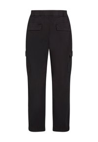 Black cargo pants made from a durable fabric, featuring an elastic waistband, two side pockets, and two rear flap pockets.