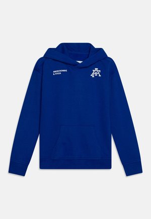 Niebieska bluza z kapturem, z przednią kieszenią typu kangurka, logo Abercrombie & Fitch z tekstem na lewej piersi i górnej lewej stronie, długie rękawy i kaptur.