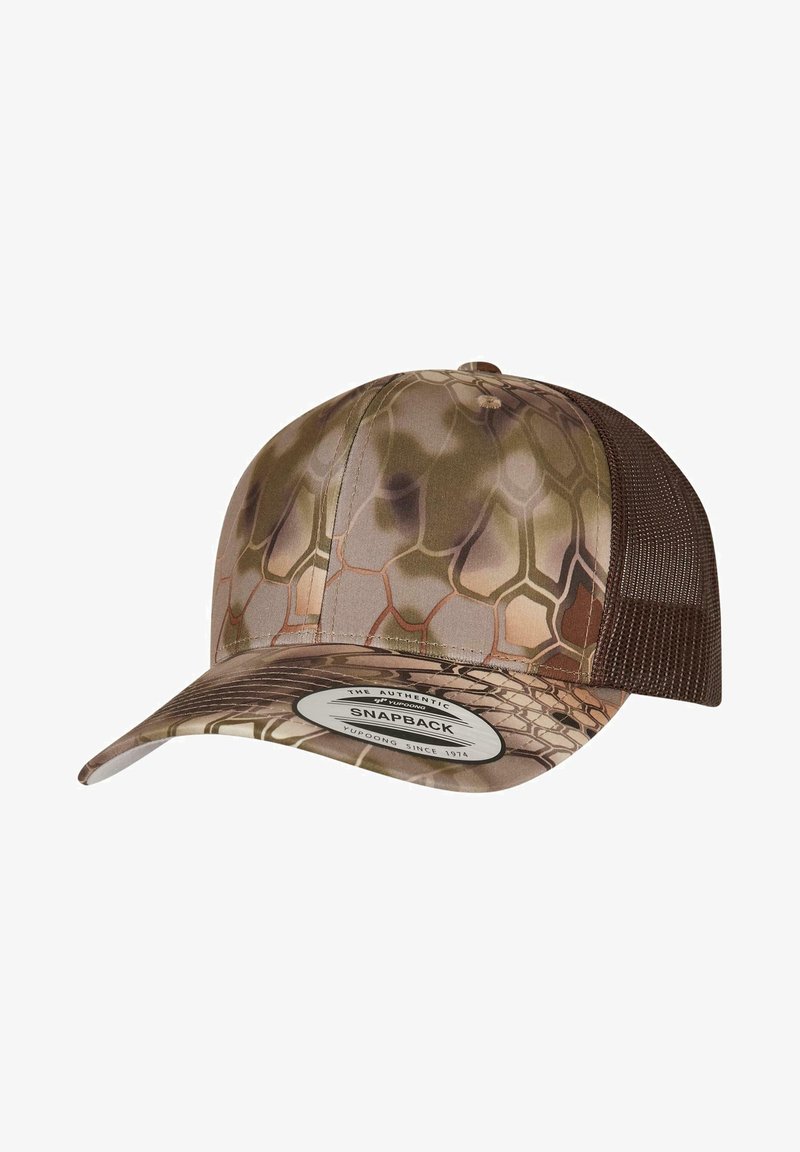 Brown snapback cap featuring a camouflage pattern, structured front, and mesh back for ventilation. Tag reads "Yupoong Since 1974."