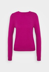 Fuchsia Rundhals-Pullover mit langen Ärmeln, aus einem glatten Strickstoff gefertigt. Minimalistisches Design mit gerippten Bündchen und Saum.