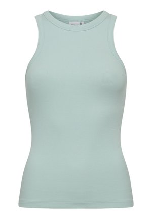 Camiseta sin mangas acanalada en verde menta claro con cuello alto y redondo y silueta ajustada.
