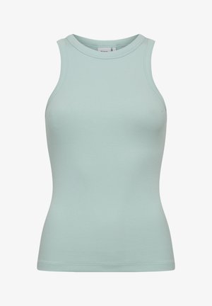 Hihaton ribbineulospaita vaalean mintunvihreänä, jossa korkea pyöreä kaula-aukko ja vartalonmyötäinen leikkaus.