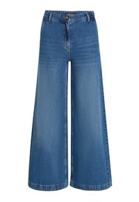 Wide-leg denim trousers in light blue, featuring a high waist, front button closure, and subtle fading along the fabric for texture.