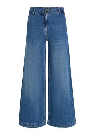 Wide-leg denim trousers in light blue, featuring a high waist, front button closure, and subtle fading along the fabric for texture.