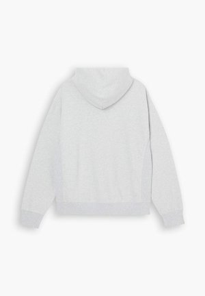 Lys grå hættetrøje med en blød tekstur, en rummelig hætte og ribbede manchetter og kant. Enkel design uden synlige mønstre eller accenter.