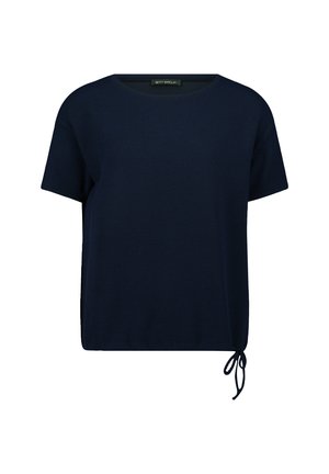 Marineblauw t-shirt met korte mouwen, gemaakt van gestructureerde stof, met een ronde halslijn en een zijkoorddetail voor een verstelbare pasvorm.