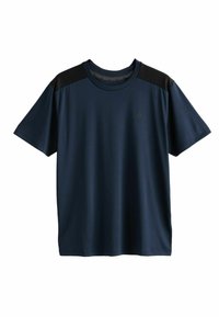 Blå kortærmet t-shirt lavet af glat stof, med sorte skulderdetaljer og rund halsudskæring. Lille logo på brystet.