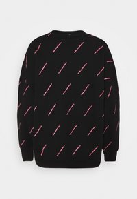 Sudadera negra con cuello redondo, que presenta un patrón repetido de logotipos en rosa. Mangas largas con puños de canalé y un corte relajado.