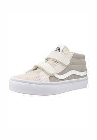 Hoge sneakers met een beige stoffen en suède bovenkant, witte klittenbandsluiting en een witte rubberen zool. Kenmerkt een klassiek zijstreepdesign.