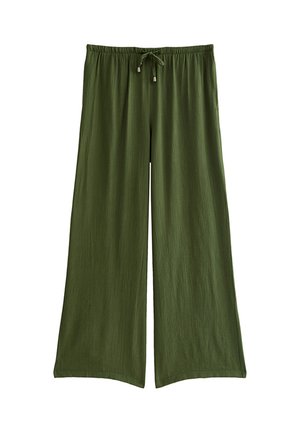 Olive green wide-leg pants with elastic waistband and adjustable drawstring, made of lightweight textured fabric.