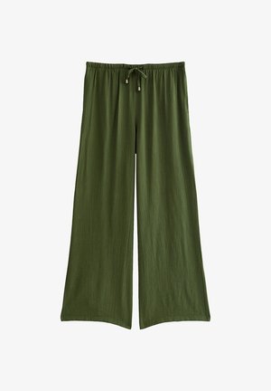 Olivgrüne weite Hosen mit elastischem Bund und verstellbarem Kordelzug, aus leichtem, strukturiertem Stoff.
