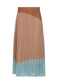 Pleated midi skirt in brown and light blue colors, featuring a soft, sheer texture and an elastic waistband for comfort.