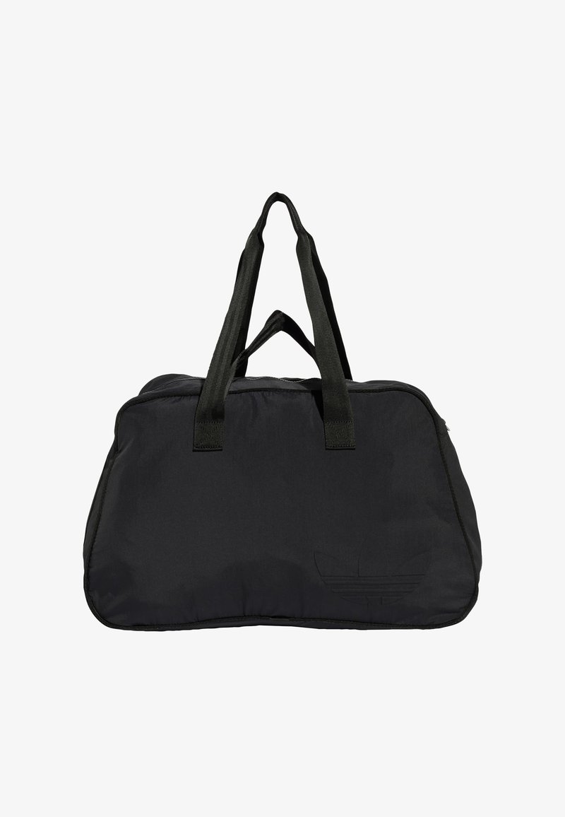 Borsa a duffel nera con doppie maniglie nere, realizzata in nylon morbido. Presenta un logo impresso sul lato e una forma rettangolare per lo stoccaggio.