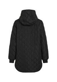 Črna jakna s pokrovom, kviltana, z diamantom vzorcem, dolgimi rokavi in daljšim zadnjim robom. Narejena iz sijočega, gladkega materiala.