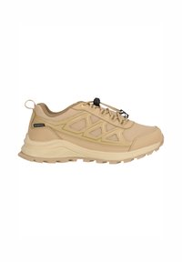 Beige wasserdichte Wanderschuhe mit Netzpaneelen, strukturiertem Obermaterial, Schnürzug und Gummisohle mit tiefen Profilen für besseren Halt.