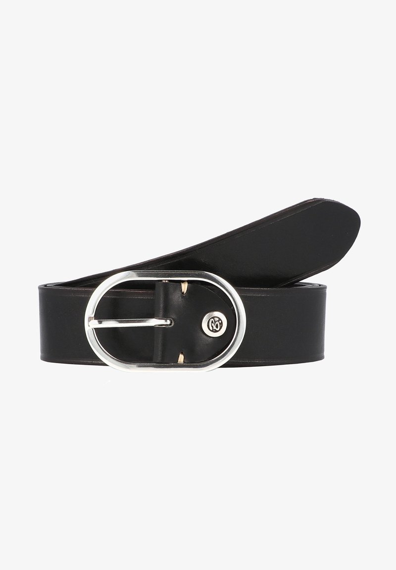 Cinturón de cuero negro con una hebilla ovalada plateada brillante y costuras visibles. La textura es suave y el diseño es minimalista, con un logo cerca de la hebilla.