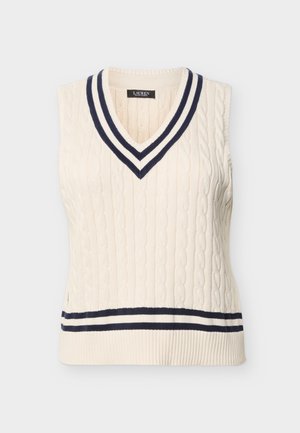 Crèmefarbene ärmellose Strickweste mit Zopfmuster, V-Ausschnitt und Saum mit marineblauen und cremefarbenen Streifen.