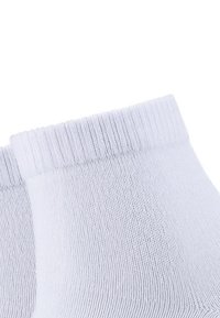 White cotton ankle socks with ribbed cuffs, smooth texture, and a snug fit. Simple design without patterns or accents.