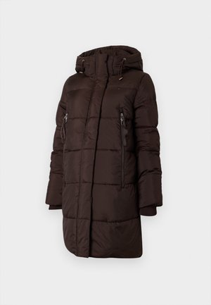Brauner Puffer-Mantel mit Kapuze, ausgestattet mit einem gesteppten Design, zwei seitlichen Reißverschlusstaschen und gerippten Bündchen. Hergestellt aus glattem, wasserabweisendem Material.