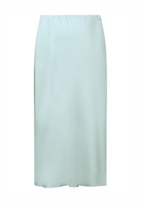 Jupe midi en satin de couleur vert menthe clair, avec une texture lisse, une silhouette droite et une taille élastique pour plus de confort.