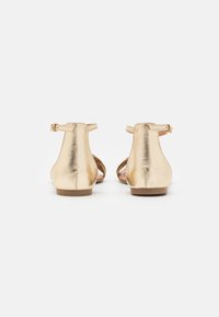 Gold metallic sandals with an ankle strap, flat sole, and open design. The back view highlights a smooth surface and minimalistic aesthetic.