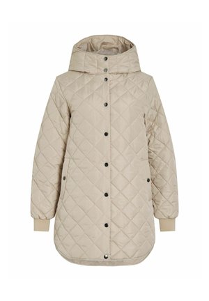 Beige gesteppte Jacke mit Kapuze, vorderen Druckknöpfen, langen Ärmeln, elastischen Bündchen und schrägen Seitentaschen.