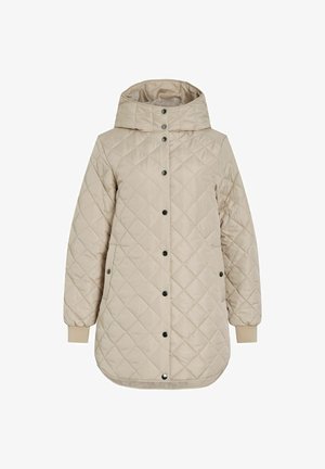 Chaqueta acolchada beige con capucha, botones a presión en el frente, mangas largas, puños elásticos y bolsillos laterales en ángulo.