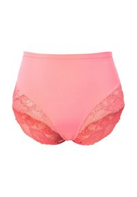 Slip a vita alta in tessuto rosa brillante, con pannelli in pizzo trasparente sui lati, caratterizzati da motivi floreali e una texture liscia.