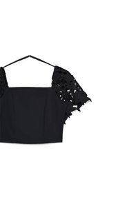 Top corto nero con un bodice aderente e maniche corte in pizzo finemente lavorato. Il materiale appare liscio con un design strutturato.