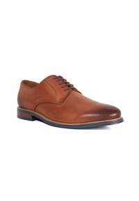 Brown leather dress shoe with a rounded toe, five eyelet lacing system, smooth texture, and a contrasting dark sole with horizontal stripes.