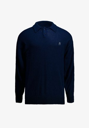 Tumesinine silmkoeline pullover polokaeluse, pikkade varrukate, kahe nööbiga avause ja soonikkoes äärega. Rinnal väike logo.