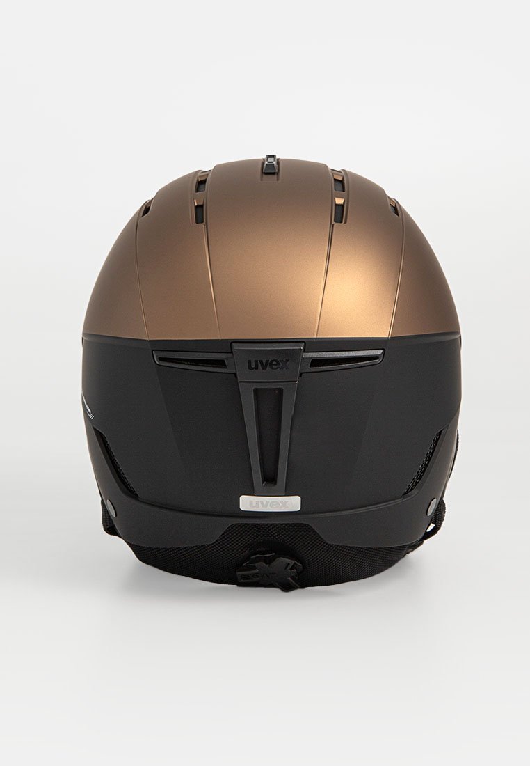 Uvex-Helm mit matter bronzefarbener Oberseite und schwarzem Unterteil, Ventilationsschlitzen, verstellbaren Riemen und Logodetail auf der Rückseite.