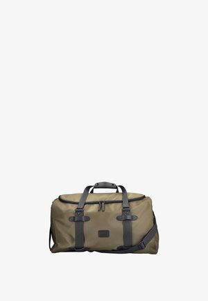 Sac marin vert olive avec poignées en cuir noir, bandoulière ajustable, fermeture éclair frontale et marquage minimal centré sur fond blanc.