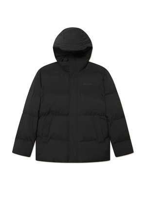 Schwarze Puffjacke mit Kapuze, ausgestattet mit einem Reißverschluss, geradem Schnitt und zwei Fronttaschen. Hergestellt aus leichtem, isoliertem Material.