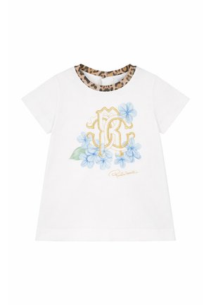 Wit kortärmelig shirt met luipaardprintkraag, gouden monogram en blauw bloemenpatroon op de voorkant.