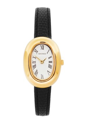 Oval gold watch face with white dial and black Roman numerals, gold hands, and textured black leather strap, brand "Sekonda" visible on dial.