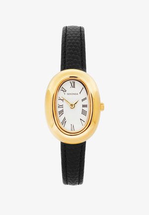 Oval gold watch face with white dial and black Roman numerals, gold hands, and textured black leather strap, brand "Sekonda" visible on dial.