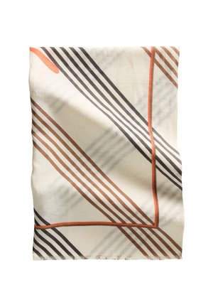 Tessuto crema piegato con motivo a righe diagonali in linee marroni, nere e arancioni, bordi leggermente sfrangiati.