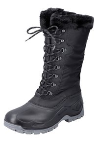 Svart vattentät snöboot med en krage i pälsfoder, snörning framtill, robust gummisula och texturerad yta för bättre grepp.