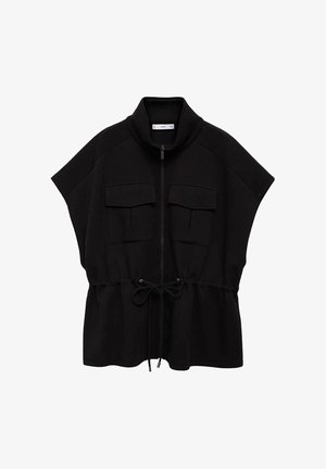 Schwarze Zip-Up-Bluse mit hohem Kragen, kurzen Ärmeln, zwei Fronttaschen und einem Kordelzug an der Taille. Glatter Stoff mit lässiger Passform.