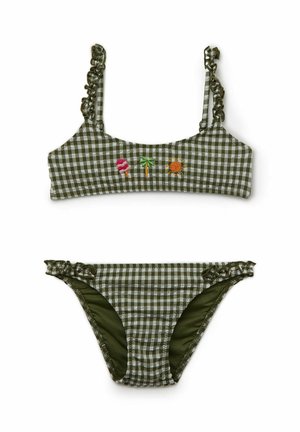 Zielono-biały bikini w kratkę z falbankowymi ramiączkami, na górze haftowane lizak, palma i słońce.