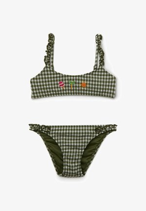 Zielono-biały bikini w kratkę z falbankowymi ramiączkami, na górze haftowane lizak, palma i słońce.