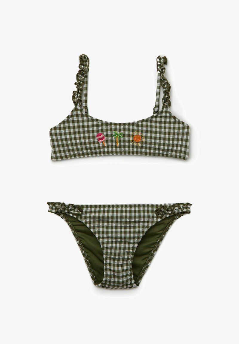 Bikini vichy vert et blanc avec bretelles volantées, brodé avec un esquimau, un palmier et un soleil sur le haut.