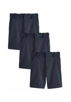 Three pairs of navy blue tailored shorts with belt loops and side pockets stacked diagonally on a white background.